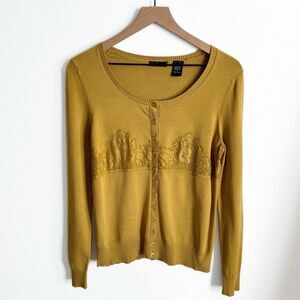 Vtg Y2K Moda International Sweater Womens Large Mustard Yellow Cardigan Lace 90s